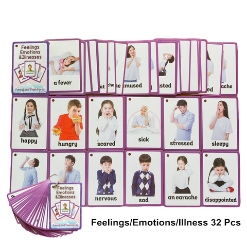32Pcs/Set Feelings Emotions Illness English Word Card Flash Card Learning Educational Toy For Kids Children Pocket Card Gifts ► Photo 1/6