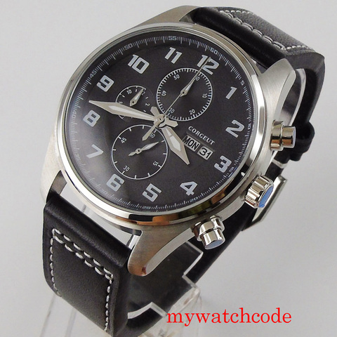 CORGEUT 42mm mechanical quartz movement men wristwatch chronograph day date leather strap classic mens watch ► Photo 1/6