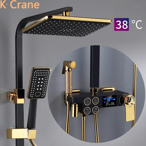 Hot Cold Shower System Bathroom LED Digital Shower Set Wall Mount Smart Thermostatic Bath Faucet Square Head SPA Rainfall Grifo ► Photo 1/1