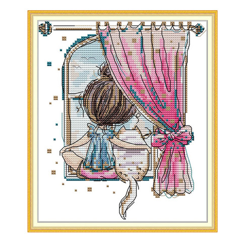 Little girl and fat cat cross stitch kit aida 14ct 11ct count printed canvas stitches embroidery DIY handmade needlework ► Photo 1/1