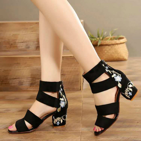 Ethnic Style Embroidered Mid-heel Sandals Women 2022 Summer All-match Thick Heel Elegant Retro Open Toe Embroidered Shoes Women ► Photo 1/6
