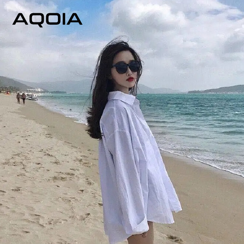 AQOIA Streetwear Long Sleeve Chiffon Plus Size Black White Women Shirt Button Up Loose Ladies Blouses 2022 Female Long Shirts ► Photo 1/6