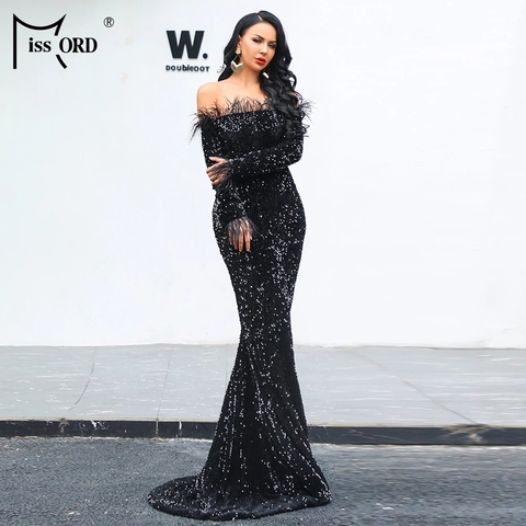 Missord 2022 Sexy Off Shoulder Feather Long Sleeve Sequin floor length Evening Party Maxi Reflective Dress Vestdios FT19005 ► Photo 1/6