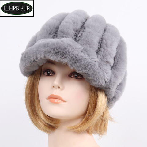 Russian Lady Good Elastic Real Rex Rabbit Fur Hats Winter Women Warm Flowers Genuine Fur Caps Knit 100% Natural Fur Beanies Hat ► Photo 1/6