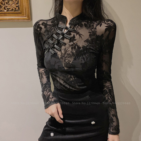 Traditional Chinese Cheongsam Dress Women Sexy Retro Buckle Lace Qipao Girls Gothic Slim Tight Mesh Tops Modern Fashion Shirts ► Photo 1/6