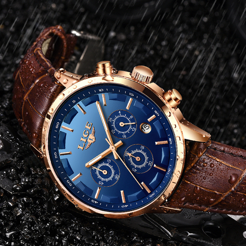 2022 LIGE Casual Leather Waterproof Quartz Watch For Mens Watches Top Brand Luxury Sport Chronograph Male Date 24 Hour Clock+Box ► Photo 1/6