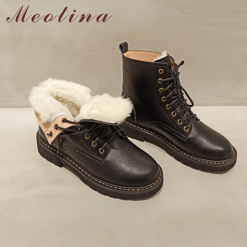 Meotina Natural Real Leather Boots Wool Fur Winter Ankle Boots Low Heel Motorcycle Boots Women Lace Up Genuine Leather Shoes ► Photo 1/6