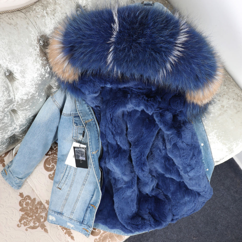 OFTBUY 2022 Winter Jacket Women Real Fur Coat Parka Real raccoon collar Rex Rabbit liner striped bomber Denim jacket Streetwear ► Photo 1/6