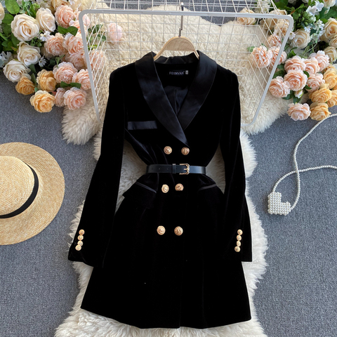 Blazer Coat Women Velvet Suit Jacket Winter Double Breasted Long Sleeve Ladies Black Blazer Belt Women Slim Suit Blazer Outwear ► Photo 1/6