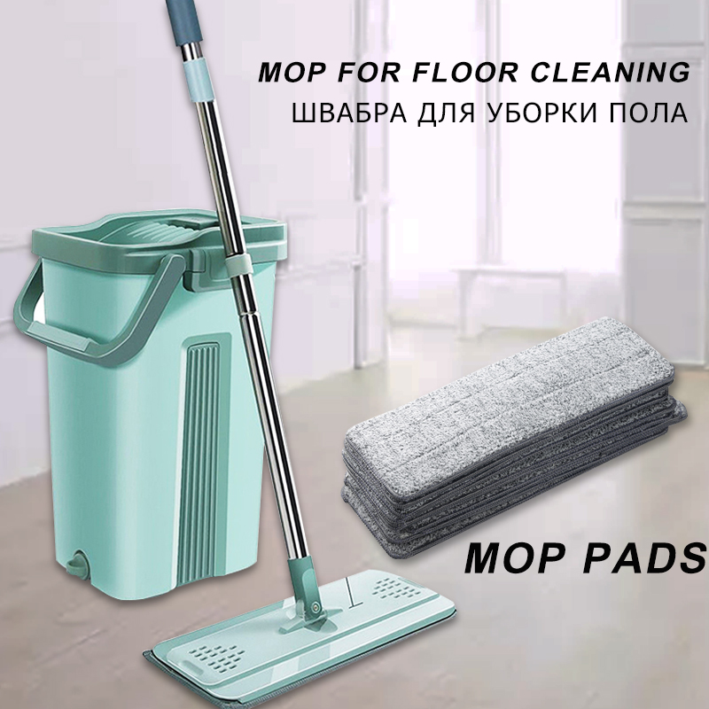 Flat Squeeze Mop and Bucket Microfiber Mop Pads Hand Free Wringing Floor Clean 