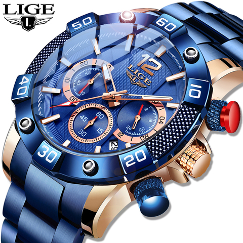 LIGE 2022 New Fashion Blue Mens Watches Top Brand Luxury Clock Sports Chronograph Waterproof Quartz Watch Men Relogio Masculino ► Photo 1/6