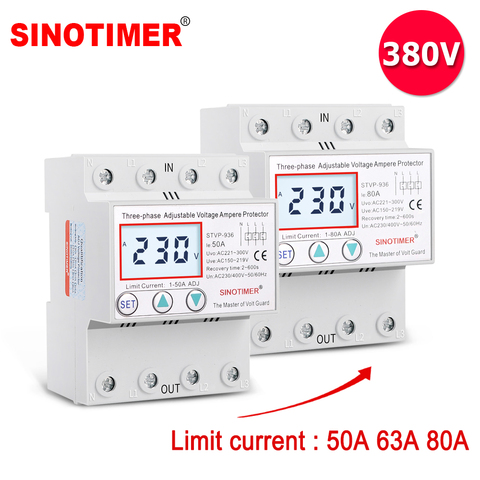 Three Phase 4 Wires 380V 50A 63A 80A Adjustable Voltage Ampere Protector Self Recovery Auto Reconnect Voltage Protection Relay ► Photo 1/6