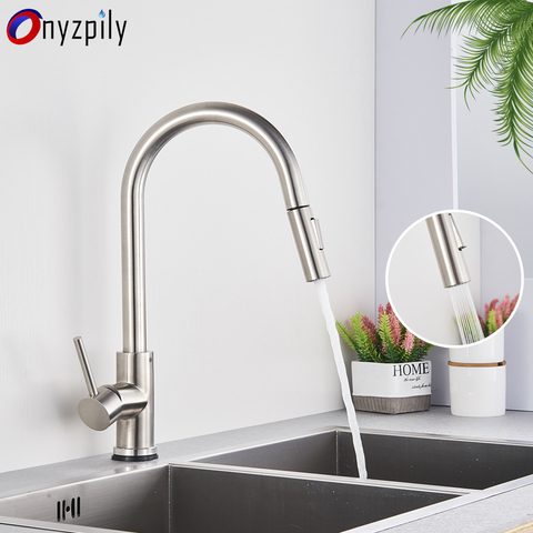 Onyzpily Brushed Nickel Mixer Faucet Single Hole Pull Out Spout Kitchen Sink Mixer Tap Stream Sprayer Head Chrome/Black Kitchen ► Photo 1/6