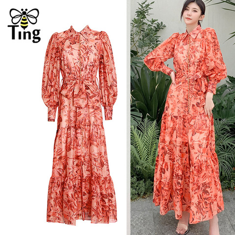 Tingfly Vintage Designer Elegant Floral Long Maxi Dress Single Breasted Party Dinner Party Dresses with Sashes Aesthetic Vestido ► Photo 1/6