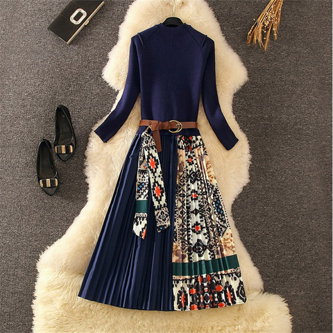 Retro Print Pleated Dress Women Elegant Knitted Patchwork Long Midi Dress Autumn Winter Long Sleeve Vintage Belt Sashes A100 ► Photo 1/6