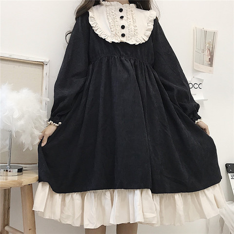 Japanese Style 2022 Autumn Women'S Dresses O-Neck High Waist Slimming Contrast-Color Ruffled Sweet Lolita Dress Kawaii Clothing ► Photo 1/6
