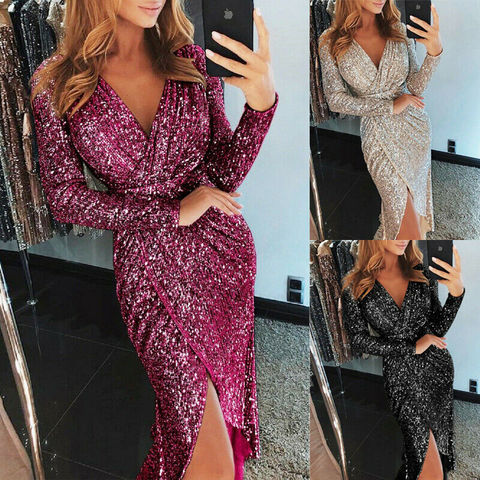 2022 Sequin Party Dress Glitter Dress Women Sexy V neck Bodycon Slim Glitter Dress Vestidos Elegant Ladies Party Dress ► Photo 1/6