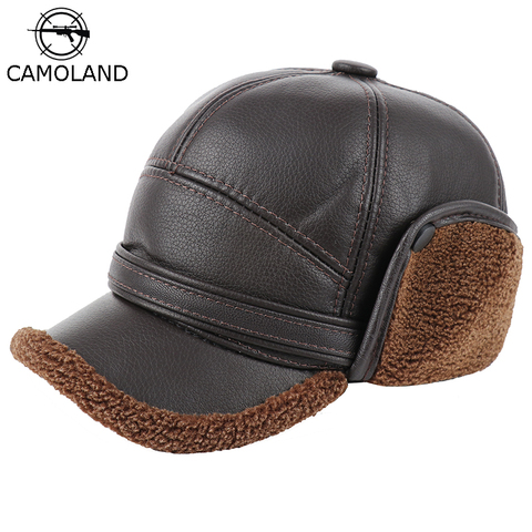 CAMOLAND Winter Men PU Leather Bomber Hats Thicker Faux Fur Russia Hat Warm Baseball Cap With Ear Protection Classic Dad Hats ► Photo 1/6
