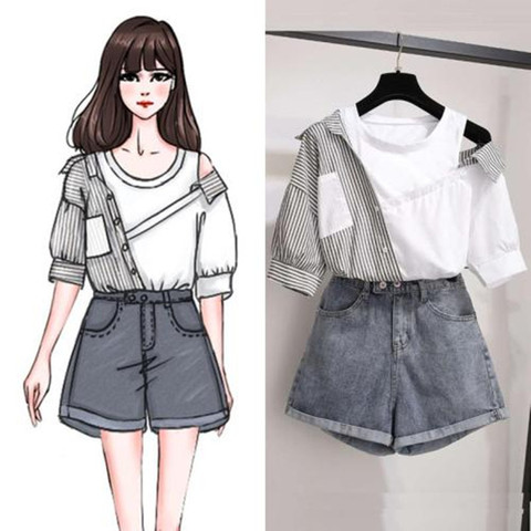 2022 summer korean two pieces set women striped patchwork off shoulder tops blouse and blue denim shorts sets women clothes ► Photo 1/6