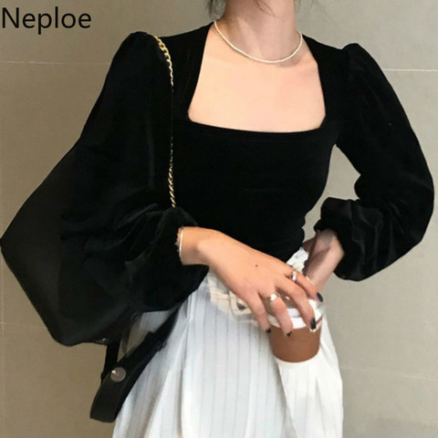 Neploe Retro Gold Velet Square Collar Puff Long Sleeve Short T Shirt Solid Slim Fit Temperament Autumn Spring New Tee 2022 47618 ► Photo 1/6