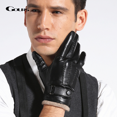 GOURS Genuine Leather Winter Gloves for Men Fashion Black Real Goatskin Wool Lining Warm Hand Driving Glove 2022 New Mittens 005 ► Photo 1/6