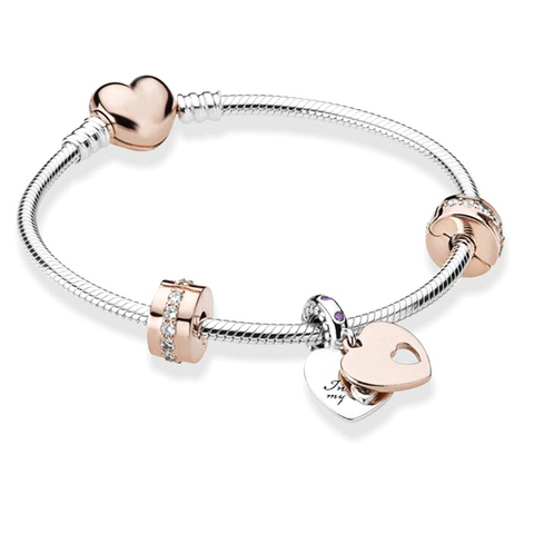 BRACE CO European Heart-shaped Pendant Charm Bracelet Fit Women's Jewellery Snake Chain Rose Gold Metal Fashion Fine Bracelets ► Photo 1/1