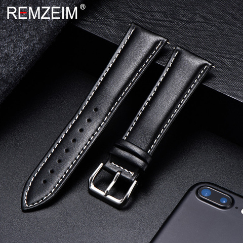 REMZEIM Calfskin Leather Watchband Soft Material Watch Band Wrist Strap 18mm 20mm 22mm 24mm With Silver Stainless Steel Buckle ► Photo 1/6
