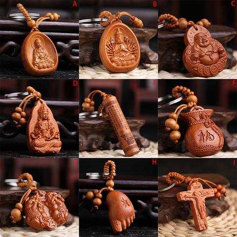 1PC Wood Carving Buddha Pendant Keychain Lucky Jewelry Buckle Unisex Chinese Buddha Keyring For Car Bag Wholesale ► Photo 1/6