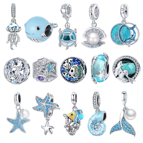 BISAER 925 Sterling Silver Ocean Style Fish dolphin Mermaid Shell Beads Blue CZ Charms For Original DIY Bracelet Jewelry EFC242 ► Photo 1/6