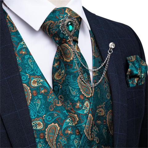 New Teal Green Paisley 100% Silk Formal Dress Vest Men Waistcoat Vest Wedding Party Vest Tie Brooch Pocket Square Set DiBanGu ► Photo 1/6