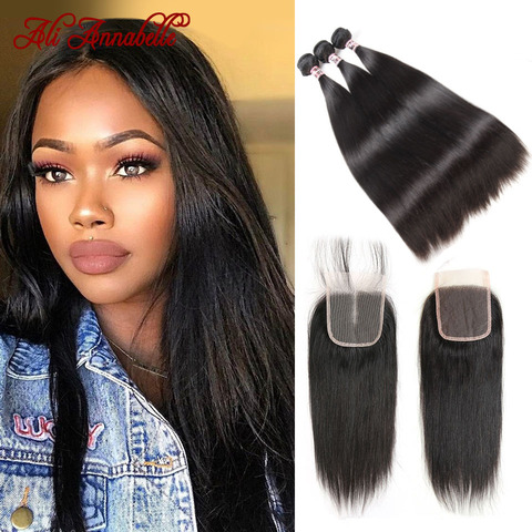 Peruvian Straight Human Hair With Lace Closure Double Weft Human Hair Bundles With Closure 4x4 HD Lace Closure With 3 Bundles ► Photo 1/6