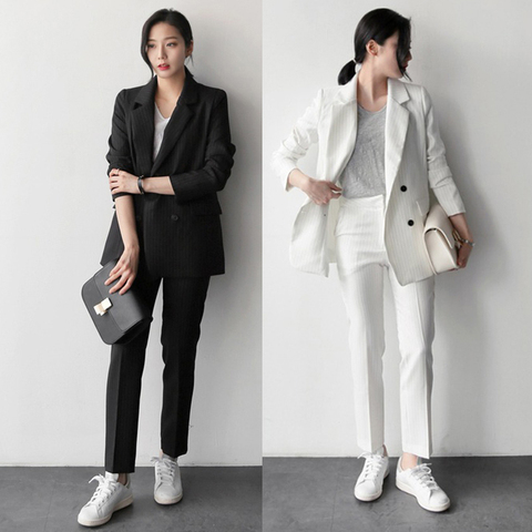 Work Fashion Pant Suits 2 Piece Set for Women Striped Blazer Jacket & Trouser Office Suit Lady  Formal ► Photo 1/5