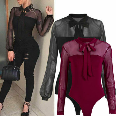 Ladies Sexy Elegant Mesh Bodysuits Women Long Sleeve O Neck Solid Lace Up Slim Skinny Club Party  Fashion Leotard Rompers ► Photo 1/6