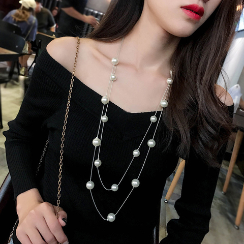 Long double layer Simulated Pearl Necklace Women Sweater Chain Necklace female Collares Statement Jewlery 2022 ► Photo 1/5