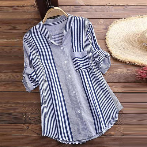 Blouse Women 2022 Women Plus Size Three Quarter Striped Print V-Neck Loose Fit Top Shirt Blouse ropa mujer блузка женская 2022 ► Photo 1/6