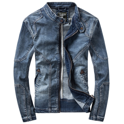 Denim Jackets Men Dark Blue Casual Denim Coat Standing collar Long Sleeve Denim Bomber Jacket Retro Motorcycle Men Jacket Coats ► Photo 1/4