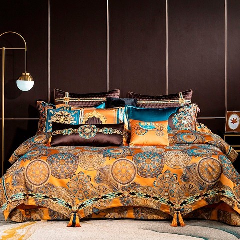 Chic Home 4/6/10Pcs Place Faux Silk Luxury Large Jacquard with Embroidery Golden Bedding set Duvet Cover Bedspread Bed Sheet set ► Photo 1/6