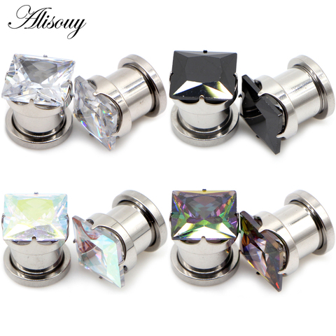 Alisouy 2pcs Stainless Steel Square Zircon CZ Screw Ear Gauges Plugs Tunnel Expander Earring Stretcher Piercing Body Jewelry ► Photo 1/1