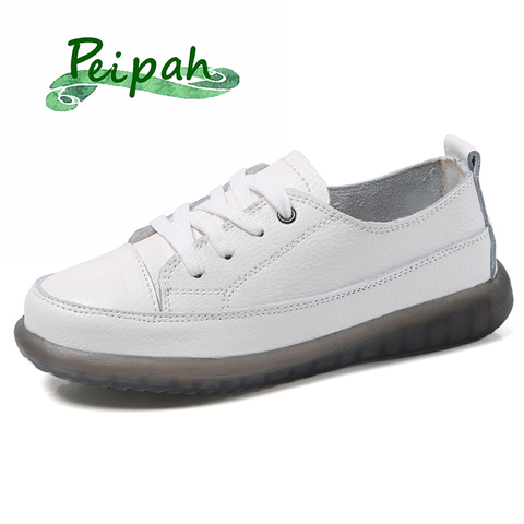 PEIPAH Sport Shoes Women Natural Genuine Leather Flat Casual Shoes Female Ballet Flats Lace Up White Court Sneakers Ladies Flats ► Photo 1/6