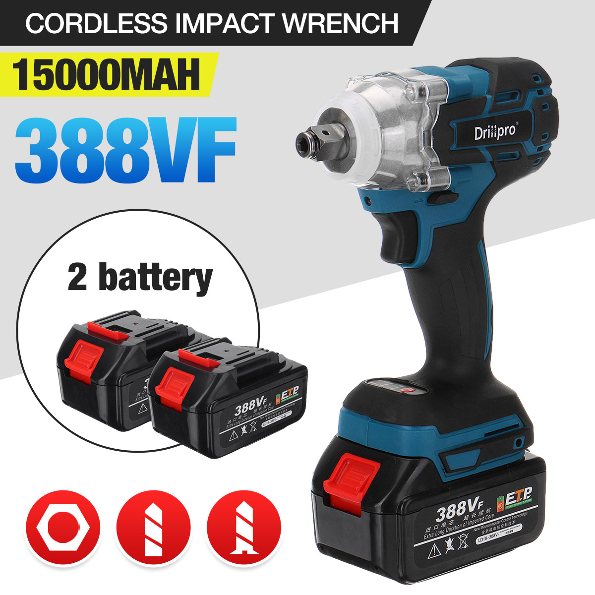 388vf 520N.M Brushless Cordless Electric Impact Wrench Power Tools with 15000Amh Li Battery +LED light Adapt to Makita battery ► Photo 1/6