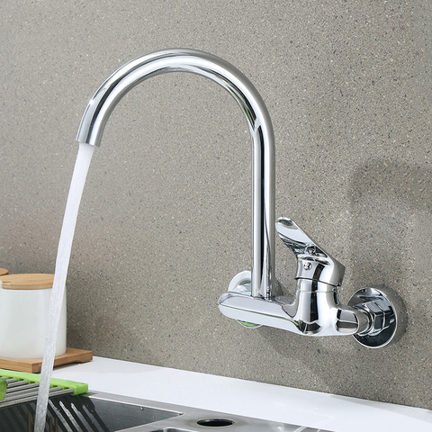 Kitchen Faucet Wall Mounted Single Handle Double Holes Sink Basin Faucet 360 Degree Swivel Hot and Cold Water Mixer Tap Crane ► Photo 1/6