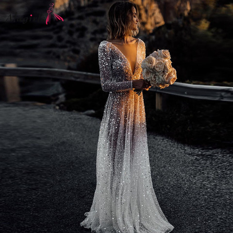 Sexy Boho Wedding Dress long Sleeve Backless Lace Floor Length