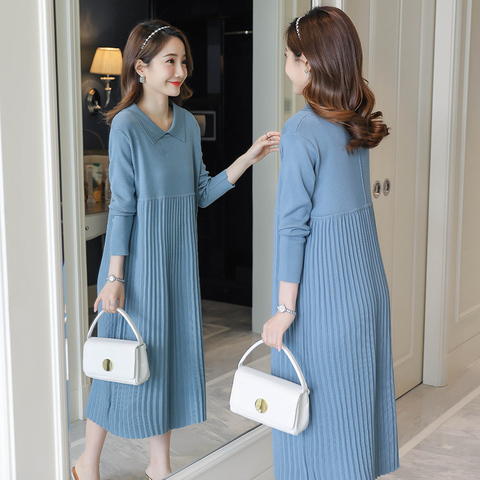 2059# Autumn Winter Thick Warm Knitted Maternity Long Dress Sweet Clothes for Pregnant Women Winter Pleated Pregnancy Sweaters ► Photo 1/5