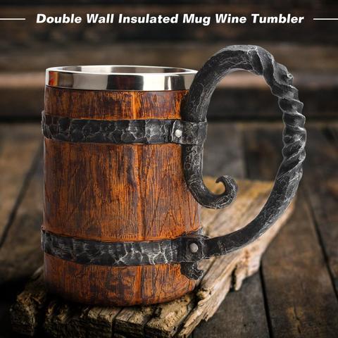 500ml Viking Wood style Beer Mug as Christmas Gift Simulation Wooden Barrel Beer Cup Double Wall Drinking Mug Metal Insulated ► Photo 1/6