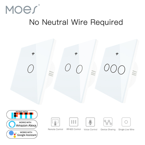 White WiFi Smart Wall Switch No Neutral Wire Needed Wireless Smart Life Tuya Remote Control Single Fire Work With Alexa RF433 ► Photo 1/6