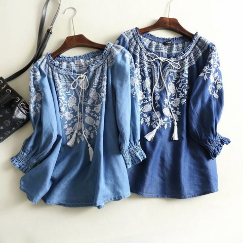 2022 New Fashion Spring Casual Denim Shirt Women V-neck Tassel Loose Boho Ethnic Vintage Embroidery Blouse Tops Blusa Feminina ► Photo 1/6