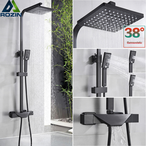 Matte Black Shower Faucet Thermostatic Shower Set Dual Handle Rain Waterfall Bath Shower Mixer Column Tap Thermostat Mixer Tap ► Photo 1/6