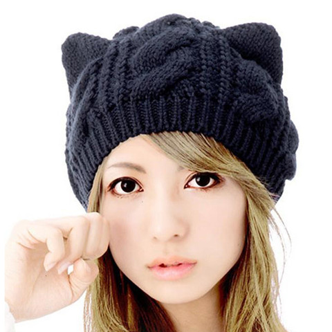 Cat ears women hat solid knitted Winter hats wool beanies caps crochet trendy bonnet cute women's cap gorros mujer invierno ► Photo 1/6