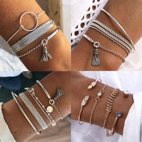 Boho Tassel Bracelet Set for Women Silver Color Multilayer Pendant Bracelet Charm Braclets 2022 Fashion Jewelry Accessories Gift ► Photo 1/6