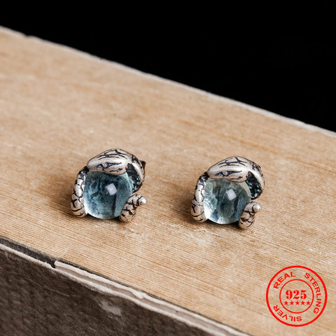 MKENDN New 100% 925 Sterling Silver Earrings Men Women Vintage Snake Stud Earrings With Light blue topaz Personality Jewelry ► Photo 1/6